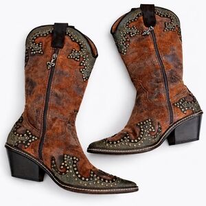 Donald J Pliner Studded Western Leather Ciwboy Boots Brown Size 7.5